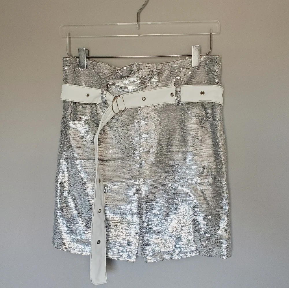 FINAL SALE Silver Sequin Belted Holiday Bling Cosplay NYE Mini Skirt